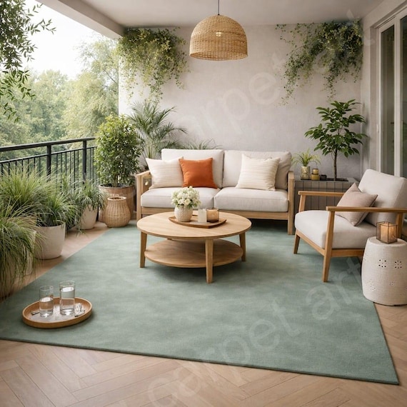 Hand-Tufted Sage Green Wool Rug, Minimalist Modern Scandinavian Style