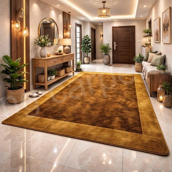 Brown Area Rug with Gold Border, Luxury Modern Carpet, Large Living Room Floor Rug