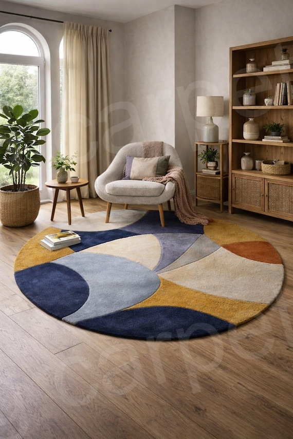 Round Abstract Area Rug, Blue Beige Mustard Geometric Carpet