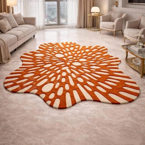 Organic Shape Sunburst Rug, Artistic Orange Statement Carpet, Modern Living Room