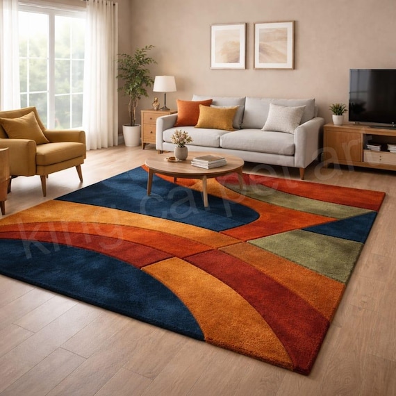 Hand-Tufted Abstract Curved Area Rug – Colorful Mid-Century Modern Home Decor