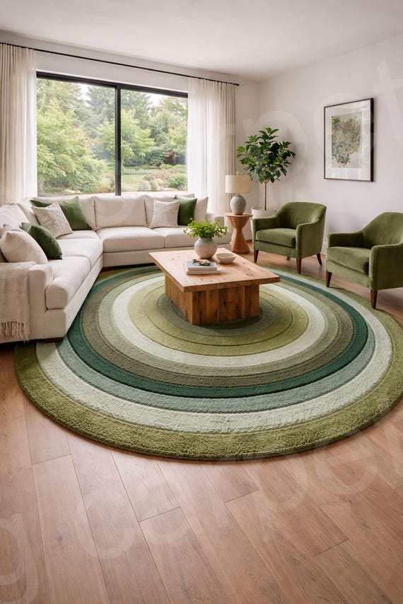 Green Round Area Rug – Modern Layered Circular Design, 8x8