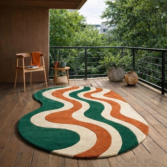 Wavy Abstract Rug, Retro Mid Century Shape, Colorful Artistic Statement Handmade Home Décor