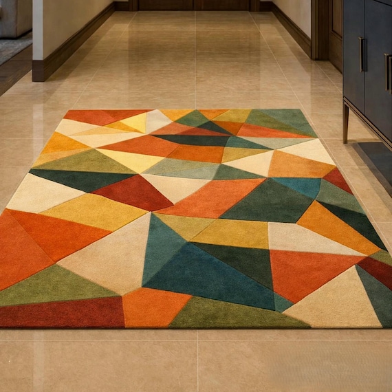 Colorful Geometric Area Rug, Modern Abstract Multicolor Rug, Hand Tufted Contemporary Carpet, Living Room Bedroom Rug, Artistic Statement