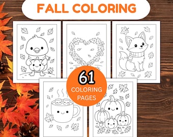 61 Fall Coloring Pages For Kids, Kawaii Autumn Activity (Digital Download)