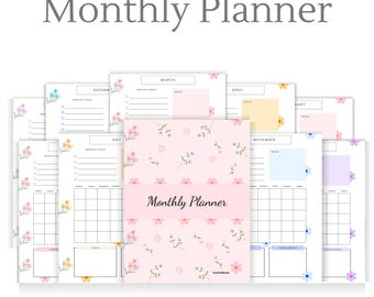 Op de afbeelding: Een verzameling afdrukbare maandelijkse plannerpagina's. De omslag is roze met een bloemenpatroon en de woorden "Monthly Planner". De pagina's bevatten kalenders, doelsecties en notities. De tekst "Monthly Planner" staat ook bovenaan de afbeelding.