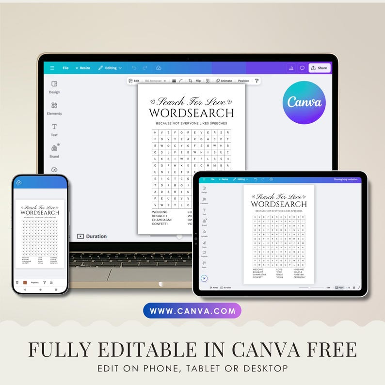 Peut inclure: Une conception num&eacute;rique affich&eacute;e sur un ordinateur portable, une tablette et un smartphone. Le design est un jeu de mots crois&eacute;s intitul&eacute; "Search For Love" avec le texte "Because not everyone likes speeches." Le logo Canva est visible.