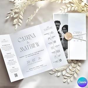 May include: Elegant wedding invitation suite featuring the names Catrina & Matthew. The invitation is a tri-fold design with event details and a timeline. A separate card includes a photo and is sealed with a wax stamp. The color scheme is black and white.