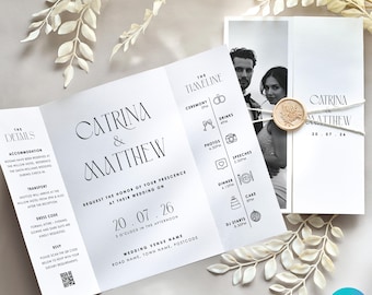 Trifold Wedding Invitation Template Gate Fold Wedding Invite Canva Folded Modern Wedding Invitation Editable DIY Three Fold Black And White