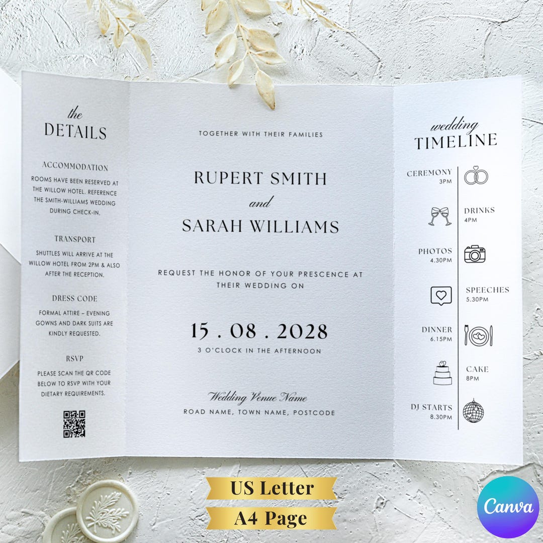 Wedding Invitation Gatefold Elegant Folded Wedding Invite Trifold ...