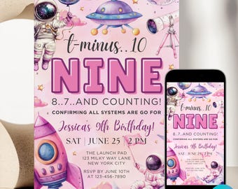 Peut inclure: Invitation d'anniversaire rose sur le thème de l'espace, avec des illustrations d'astronaute, de fusée et d'OVNI. Le texte indique "t-minus.. 10 NINE" et "Jessica's 9th Birthday!" avec les détails de l'événement. Un smartphone affiche le même design.