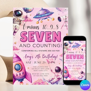 Outer Space Girl 7th Birthday Invitation Rocket Party Invite Template Seventh Bday Pink Spaceship Theme Evite Purple Galaxy Turning 7 Canva