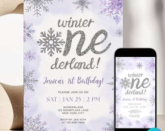 May include: A winter-themed birthday invitation with the text "winter wonderland" in silver glitter. The invitation includes the date, time, and location for Jessica's 1st birthday. A smartphone displays the same invitation.
