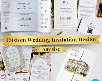 Peut inclure: Plusieurs modèles de faire-part de mariage personnalisés. Les invitations présentent les noms de Rupert Smith et Sarah Williams, ainsi que la date du 15.08.2028. Différents formats et tailles sont présentés.