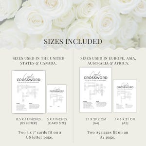 May include: A white background features a display of crossword puzzles in various sizes. The text "Couples Crossword" is at the top of each puzzle. Sizes include 8.5 x 11 inches (US Letter) and 5 x 7 inches (Card Size).