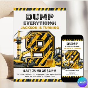Faire-part de construction 9e anniversaire Modèle de fête d'anniversaire Canva Digger Nine Bulldozer Digital Bday Inviter Excavator Boy 9 et Diggin It
