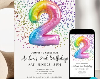 Colorful 2nd Birthday Invitation Girl Second Glitter Invite Splash Rainbow Boy Two Bday Evite Fun Balloon Printable Editable Template Canva