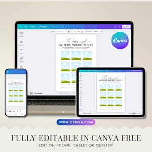 May include: A digital design displayed on a laptop, tablet, and smartphone. The design features the text "The happy couple, WHERE WERE THEY?" and is fully editable in Canva. The Canva logo is visible.