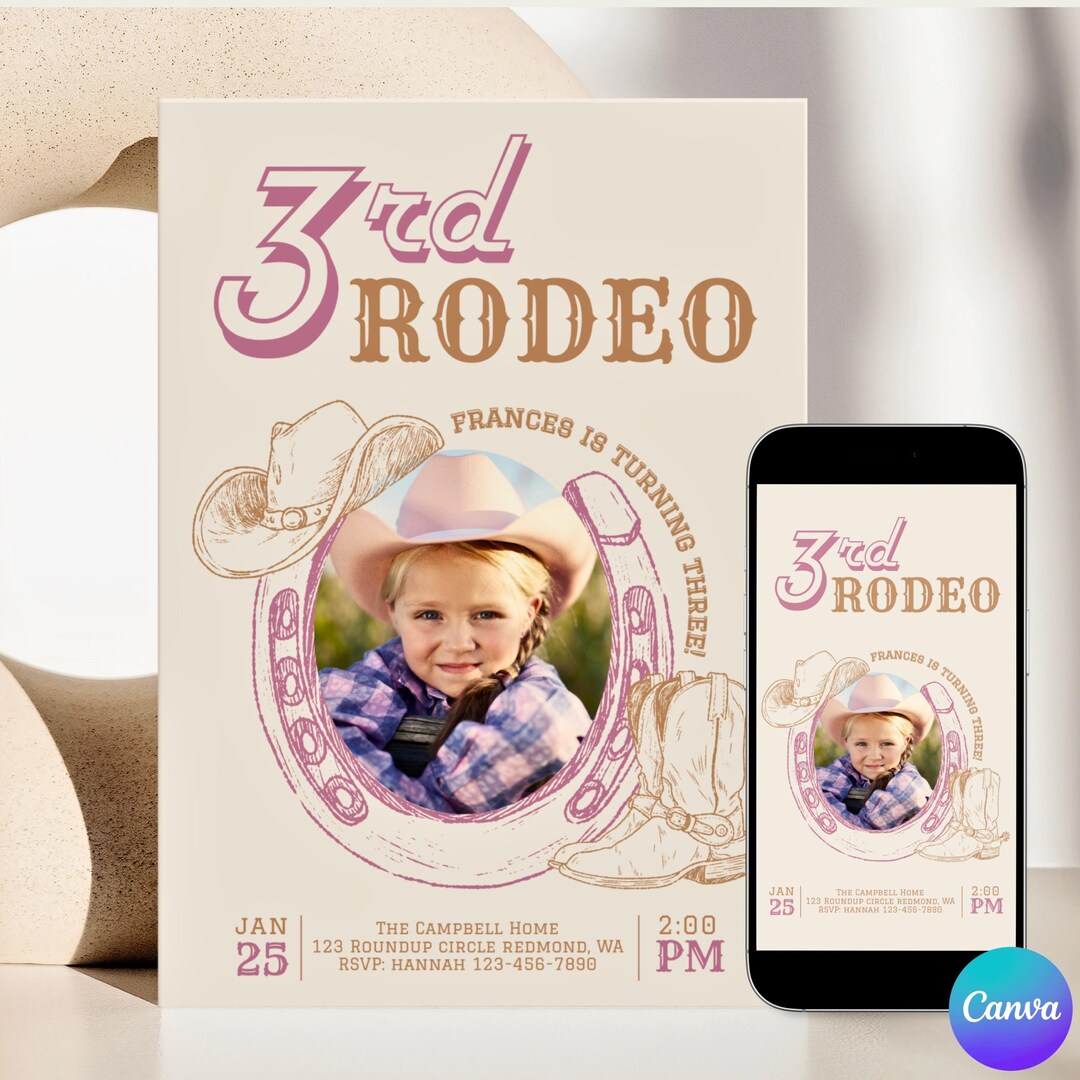 3rd Rodeo Birthday Invitation Third Western Theme Little Cowgirl Party ...