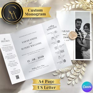 May include: Elegant wedding invitation with a custom monogram and a photo of the couple. The invitation includes the wedding details, timeline, and RSVP information. The design is in black and white with gold accents. The invitation is A4 page or US Letter size.