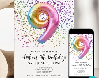 Peut inclure: Une invitation d'anniversaire avec un ballon numéro neuf aux couleurs de l'arc-en-ciel. L'invitation indique "Amber's 9th Birthday!" et les détails de l'événement. Un smartphone affiche la même invitation.