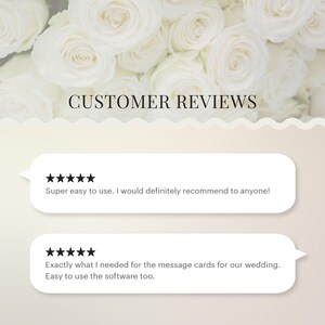 May include: Image featuring the text "CUSTOMER REVIEWS" above two white speech bubbles with customer testimonials. The background is a soft, blurred image of white roses. The first review says, "Super easy to use. I would definitely recommend to anyone!"