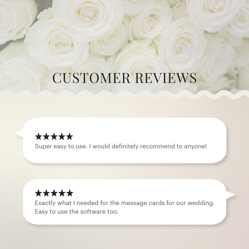 May include: Image featuring the text "CUSTOMER REVIEWS" above two white speech bubbles with customer testimonials. The background is a soft, blurred image of white roses. The first review says, "Super easy to use. I would definitely recommend to anyone!"