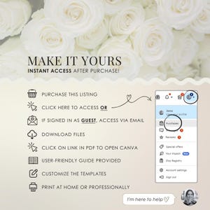 Peut inclure: Image avec le texte "MAKE IT YOURS" et "INSTANT ACCESS AFTER PURCHASE!". L'image montre des instructions pour acc&eacute;der aux articles achet&eacute;s, avec une capture d'&eacute;cran d'un profil Etsy et une bulle de chat disant "I'm here to help".