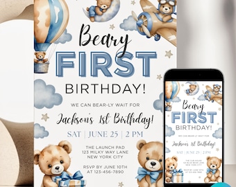 Editable Bear 1st Birthday Invitation Canva Template Blue Baby First Birthday Invite Digital Teddy Bear Kids 1st Birthday Party Printable