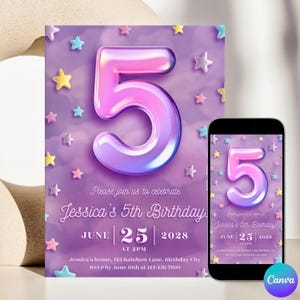 May include: A birthday invitation with a large, iridescent number 5, surrounded by pastel stars on a purple background. The invitation reads "Jessica's 5th Birthday" with the date June 25, 2028, and RSVP information. A phone displays the same design.