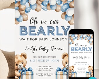 Can Bearly Wait Baby Shower Digital Invitation Editable Template Blue Teddy Bear Balloon Baby Shower Invitation Blue Boy Bearly Wait Theme