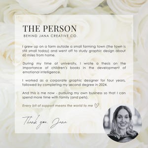 Peut inclure: Carte de visite de JANA CREATIVE CO. avec le texte "THE PERSON BEHIND" et une courte biographie. Elle pr&eacute;sente une photo d'une femme et une note de remerciement. Le fond est orn&eacute; de roses blanches.