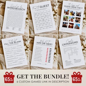 Peut inclure: Pr&eacute;sentation de six jeux de mariage sur papier blanc, dont une recherche de mots et un mots crois&eacute;s. Les jeux pr&eacute;sentent du texte et des graphiques noirs. Une banni&egrave;re en bas indique "GET THE BUNDLE!" avec une offre de r&eacute;duction de 65%.