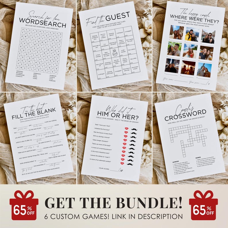 Peut inclure: Pr&eacute;sentation de six jeux de mariage sur papier blanc, dont une recherche de mots et un mots crois&eacute;s. Les jeux pr&eacute;sentent du texte et des graphiques noirs. Une banni&egrave;re en bas indique "GET THE BUNDLE!" avec une offre de r&eacute;duction de 65%.