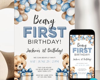 Bear Baby 1st Birthday Invitation Canva Editable Template Blue First Birthday Invite Digital Teddy Bear Kids 1st Birthday Party Printable