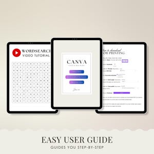 Peut inclure: Trois tablettes noires affichant un tutoriel de recherche de mots, des liens Canva et des instructions d'impression. Les tablettes sont dispos&eacute;es sur un fond clair, avec le texte "EASY USER GUIDE" en bas.