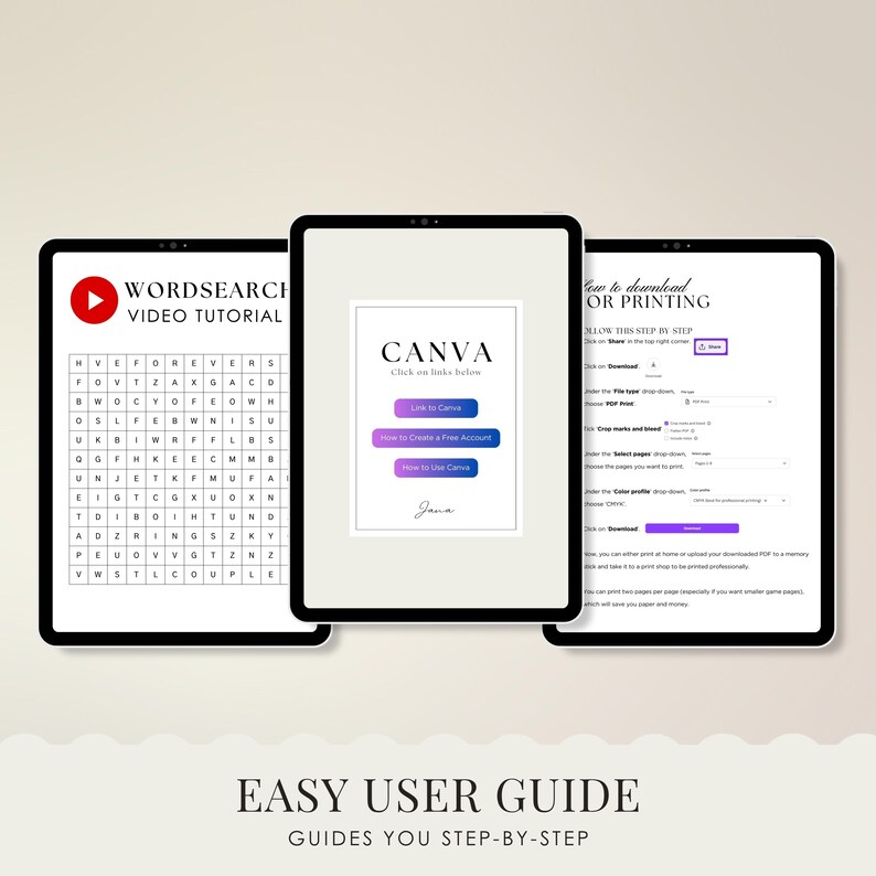 Peut inclure: Trois tablettes noires affichant un tutoriel de recherche de mots, des liens Canva et des instructions d'impression. Les tablettes sont dispos&eacute;es sur un fond clair, avec le texte "EASY USER GUIDE" en bas.
