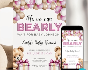 Pink Can Bearly Wait Baby Shower Digital Invitation Editable Teddy Bear Balloon Baby Shower Invite Girl Bearly Wait Theme Canva Template