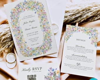 Floral Wedding Invitation Suite Editable Template Wildflower Watercolor Wedding Invite Printable Garden Wedding Card Set Canva Download