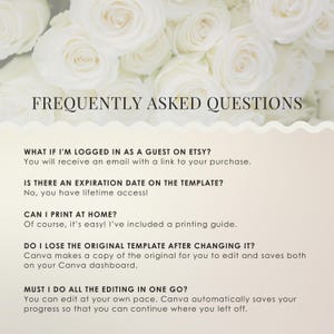 Peut inclure: Document num&eacute;rique avec le texte &laquo;&nbsp;QUESTIONS FR&Eacute;QUEMMENT POS&Eacute;ES&nbsp;&raquo; sur un fond de roses blanches. Les questions traitent des connexions Etsy, de l'expiration des mod&egrave;les, de l'impression, de l'&eacute;dition et de l'enregistrement.