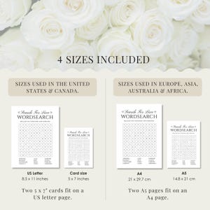 Peut inclure: Quatre tailles de jeux de recherche de mots sont pr&eacute;sent&eacute;es, avec le texte "Search For Love Wordsearch". Les tailles sont US Letter (8,5 x 11 pouces) et format carte (5 x 7 pouces). L'image montre &eacute;galement les formats A4 (21 x 29,7 cm) et A5 (14,8 x 21 cm).