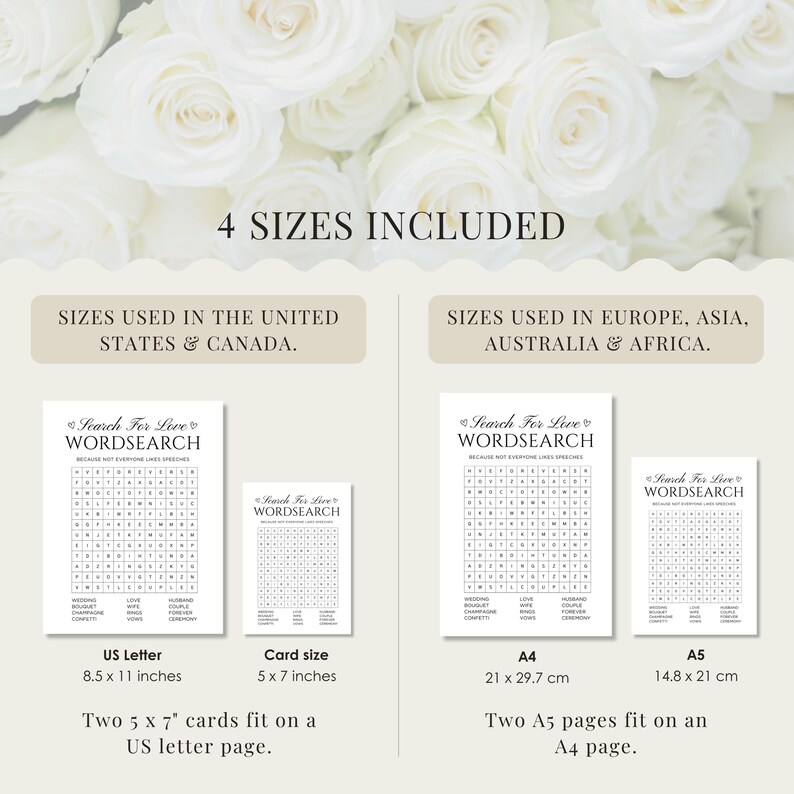 Peut inclure: Quatre tailles de jeux de recherche de mots sont pr&eacute;sent&eacute;es, avec le texte "Search For Love Wordsearch". Les tailles sont US Letter (8,5 x 11 pouces) et format carte (5 x 7 pouces). L'image montre &eacute;galement les formats A4 (21 x 29,7 cm) et A5 (14,8 x 21 cm).