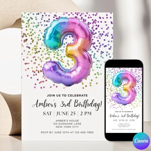 May include: A birthday invitation featuring a vibrant number 3 balloon in rainbow hues. The invitation text reads "Join us to Celebrate Amber's 3rd Birthday!" with date, time, and location. A smartphone shows the same design.