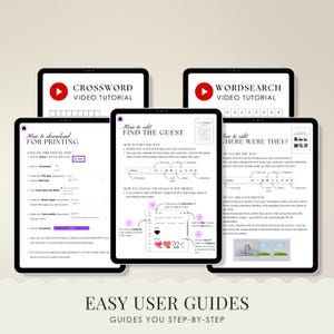 May include: A collection of five digital tablets displaying user guides. The tablets show step-by-step instructions for editing text, downloading, and printing. The guides cover topics like crossword and word search video tutorials.