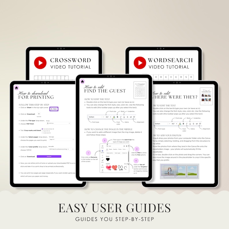 May include: A collection of five digital tablets displaying user guides. The tablets show step-by-step instructions for editing text, downloading, and printing. The guides cover topics like crossword and word search video tutorials.
