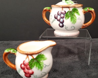 MCM LEFTON LEF17 3 pc. Sugar w/ Lid & Creamer Red Purple Green Grapes 3D Ceramic