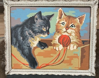 Vintage Paint By Number PBN Picture Cats Kittens With Yarn ball Framed 11” X 9”