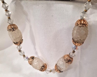Antique AB Aurora Borealis Faceted Crystal Lg Cracked Glass Beaded Necklace OOAK