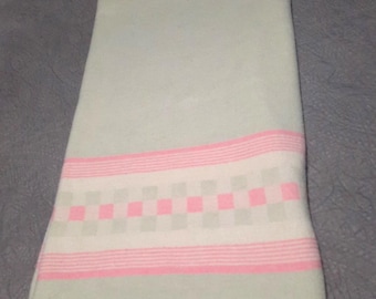 Vintage Pink & Pale Blue-Green Blanket Satin Trim Cottage Core MCM TWIN 68x73