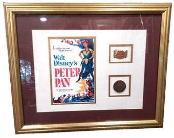 Pin y moneda con litografía enmarcada del 50 aniversario de Peter Pan de Disney, 2003, 18x22, edición limitada de 1000 unidades, certificado de autenticidad.